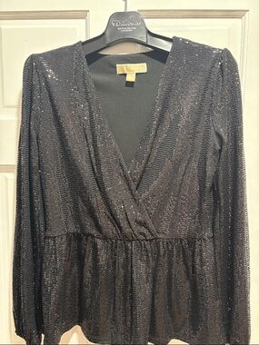 Michael Kors Black Sequin Wrap Peplum Blouse